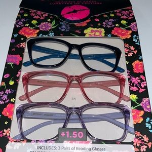 Betsey Johnson women’s reading glasses blue pink purple 3 pair pack + 1.50